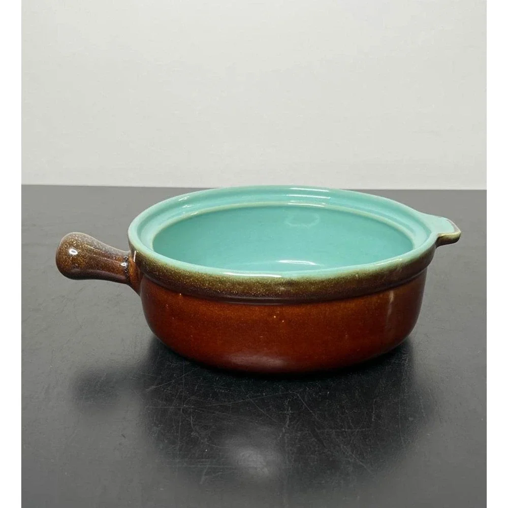 Vintage Ceramic Casserole Dish Brown Turquoise MCM Single Handle 6.5in
